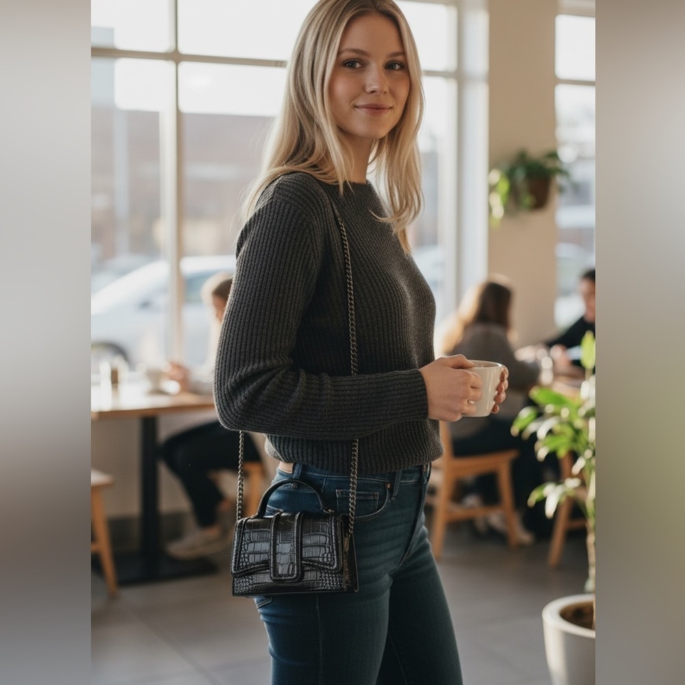 Zara Black Croc-Texture Crossbody Bag - Mini